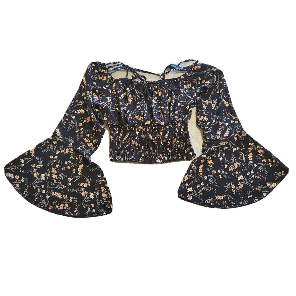Juniors  Crop Top Small Smocked Dark Floral Bell Sleeve Academia Lightweight